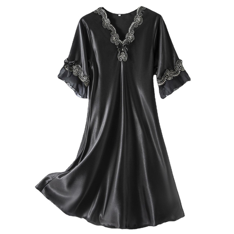 Cross-Border Summer Thin Satin Silk Pajamas Lotus Leaf Flying Edge Ladies' Homewear Embroidered V-neck plus Size Nightdress