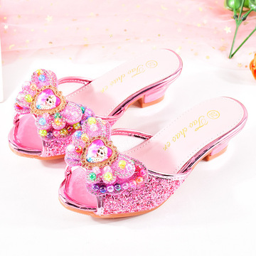 女童高跟鞋子夏天儿童拖鞋2024新款冰雪奇缘一字拖凉鞋软底公主鞋