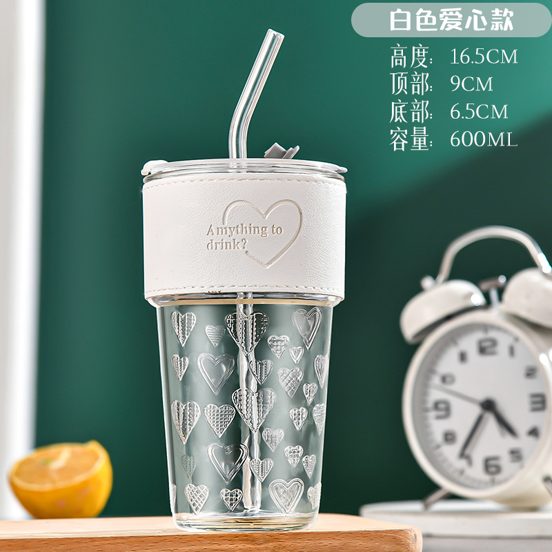 Ins Style Embossed Glass Straw Cup Heat Insulation Leather Cover Coffee Cup Office Water Glass Milk Tea Juice Cup Drink Cup