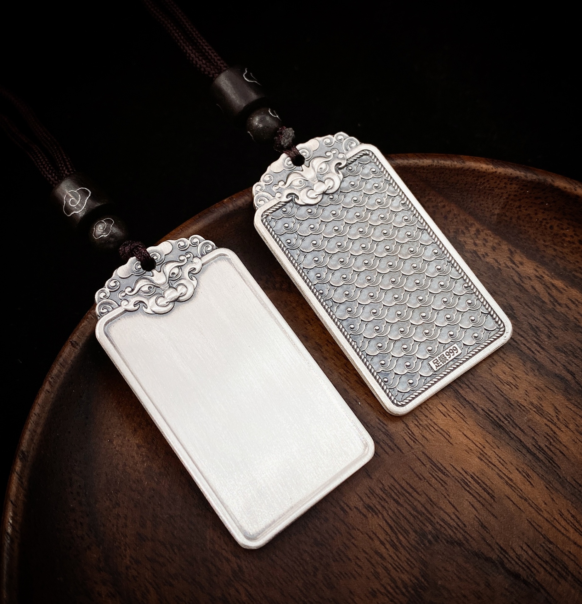 福氏足银999银吊牌国潮复古兽头祥云无事牌吊坠纯银项链挂件