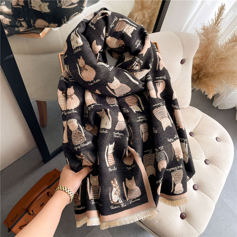 2022 Autumn and Winter New Cute Cartoon Kitty Scarf Female Student Cashmere-like Scarf Air Conditioning Shawl Female Outer Wear