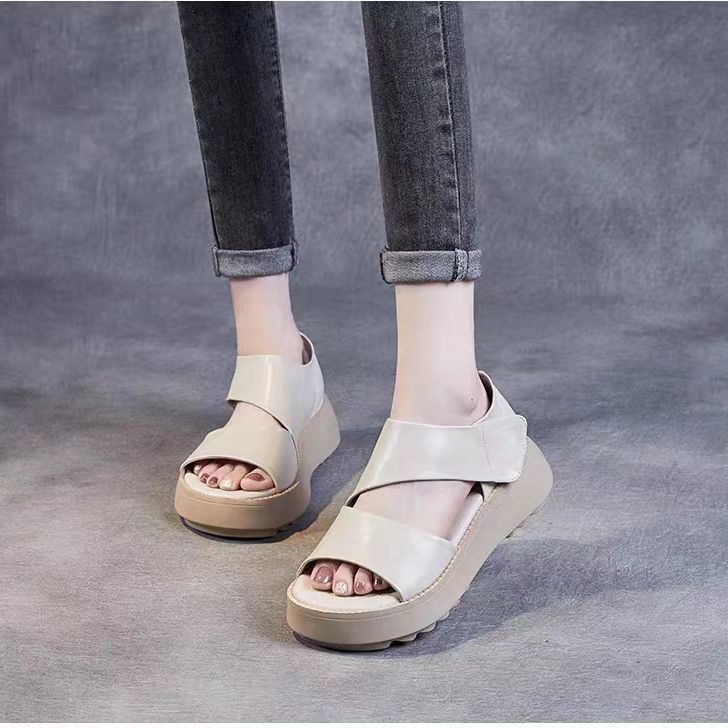 Retro Platform Sandals for Women Summer Fashion New Velcro Soft Bottom Middle Heel Wedge Casual Roman Sandals