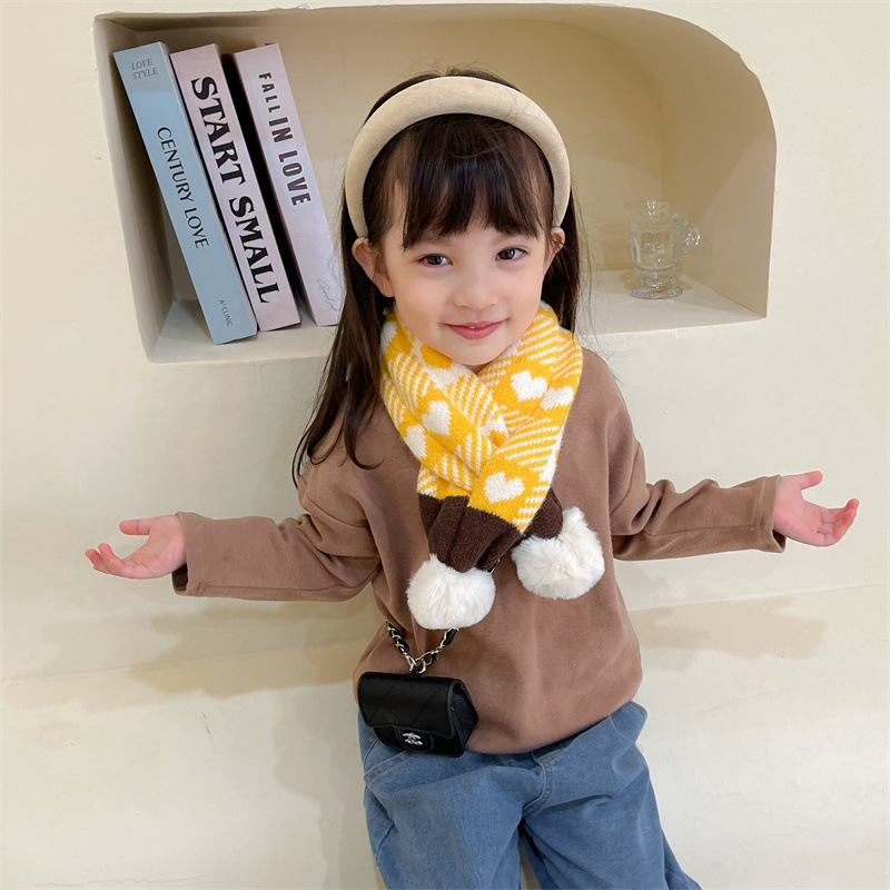 2023 Korean Style Love Children's Knitted Cross Hair Ball Fork Scarf Autumn and Winter New Keep Baby Warm Wool Scarf Wholesale