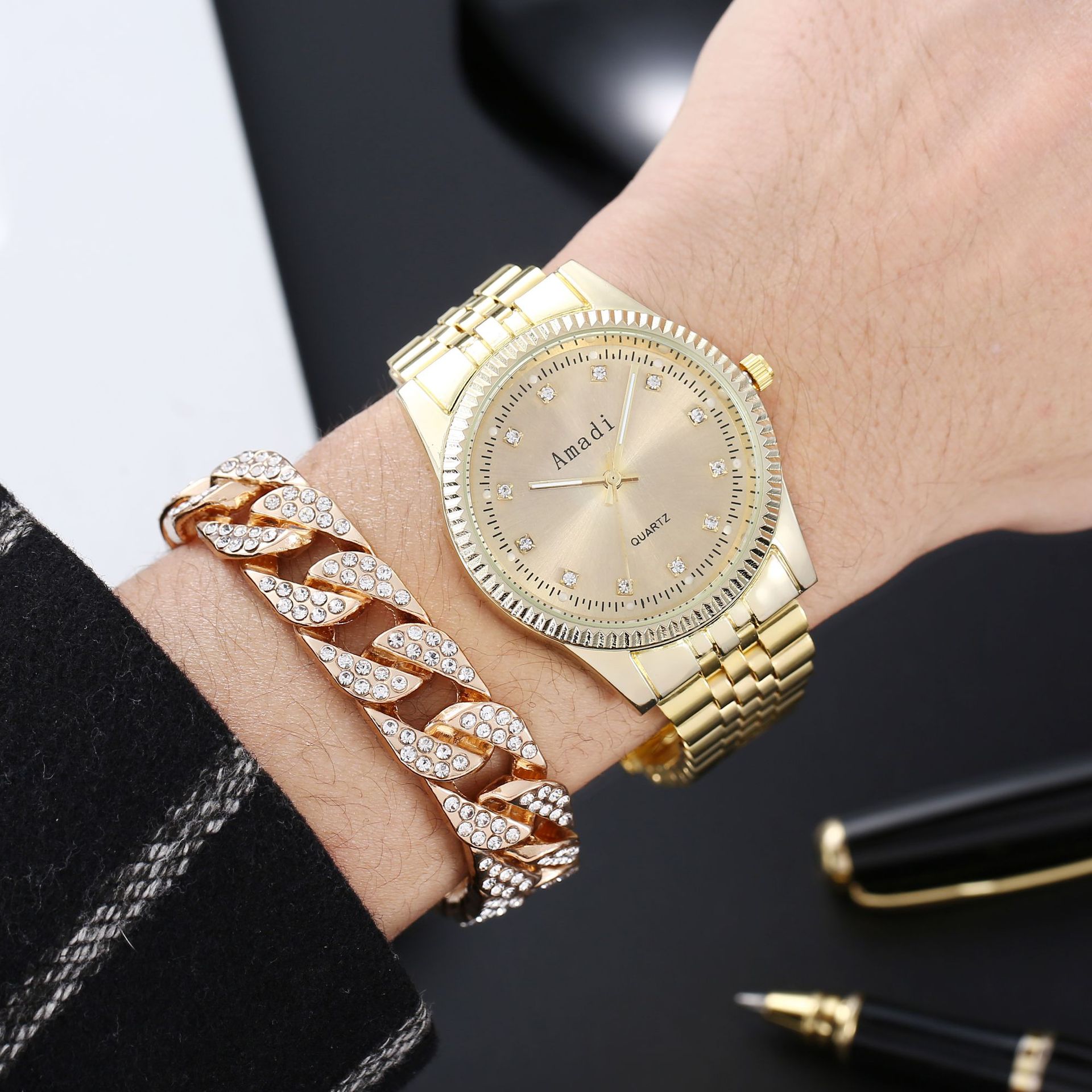 大金表外贸两件套金色男士手表土豪金 手链 貔貅手链套装礼品男表