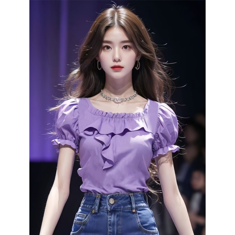 外贸女装衣服女2024年新款紫色荷叶边短袖衬衫多巴胺穿搭法式设计
