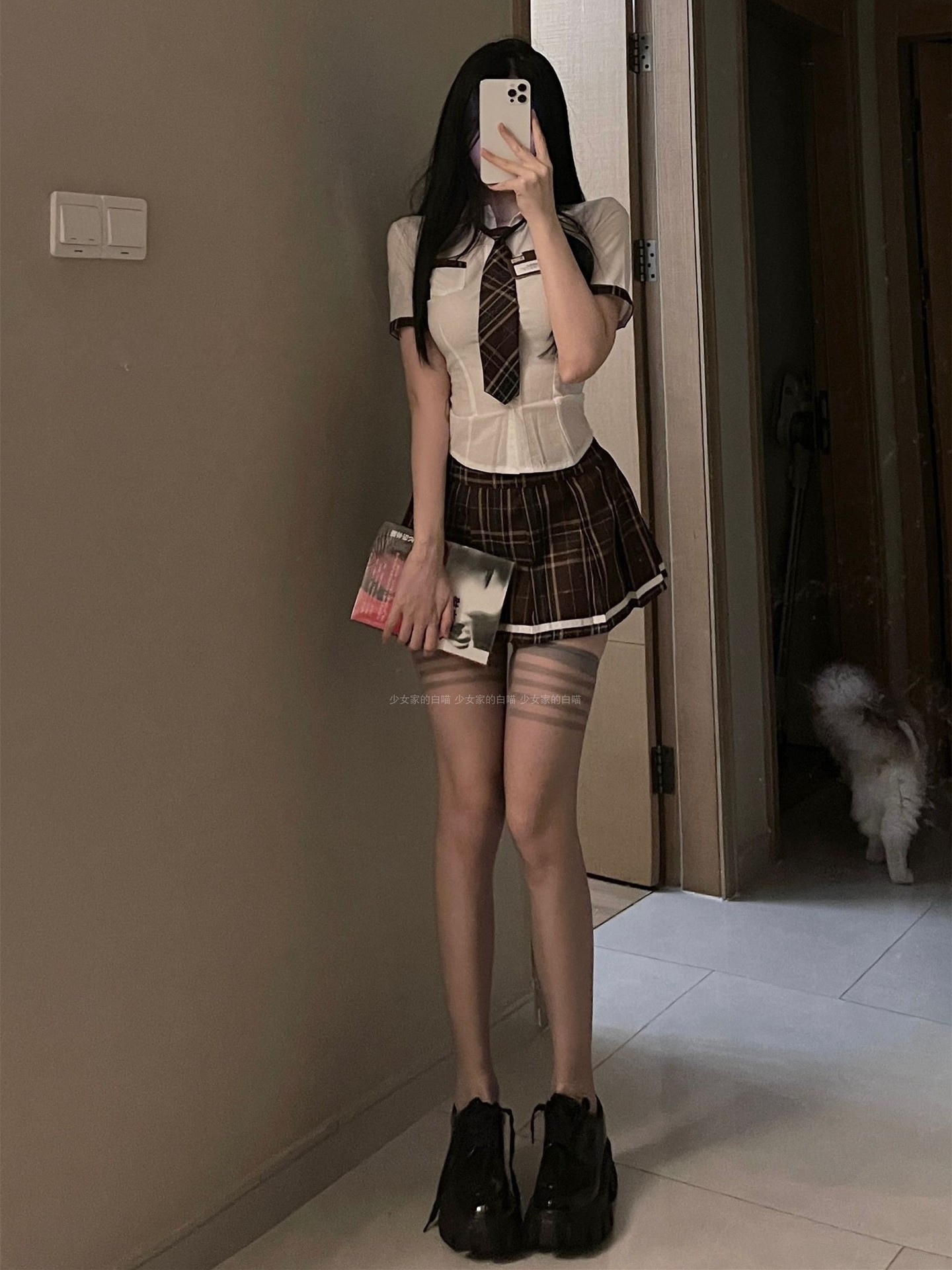 英伦日系短袖领带衬衫格子裙高腰超短裙纯欲套装jk学生团体制服女