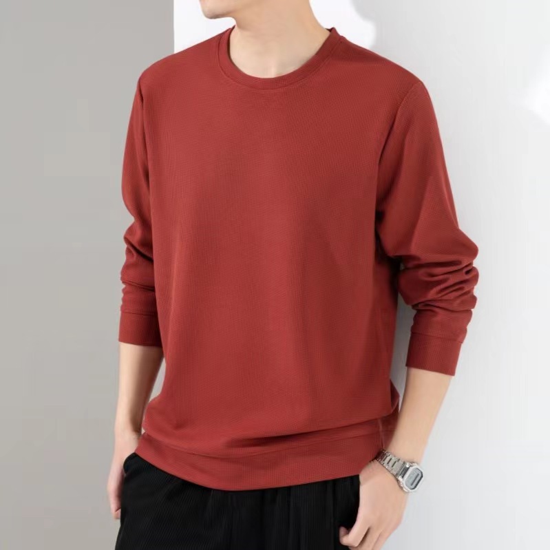 Spring and Autumn Men's Long-Sleeved round Collar Sweater High Quality Waffle Stretch Slim Bottoming Shirt Men's Top One Piece Dropshipping