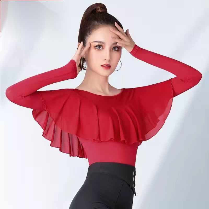 华尔兹上衣荷叶边舞衣红色长袖跳舞衣服摩登舞练功服交谊舞-阿里巴巴