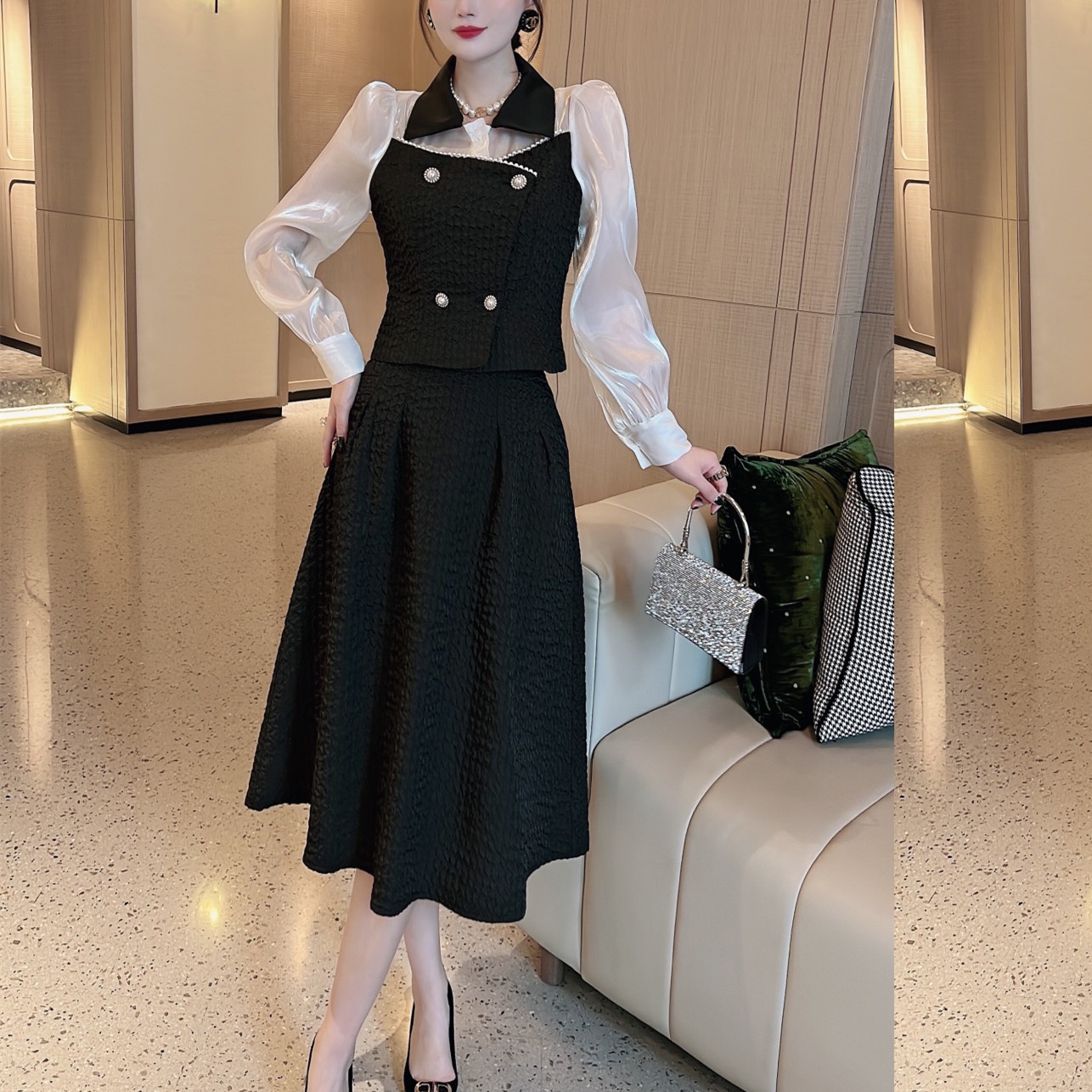 都市优雅时尚两件套高档女装批发小香风套装拼接拼色搭配时髦