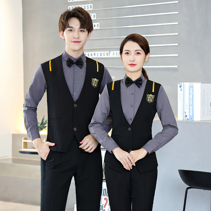 2021新款假两件灰色长袖衬衫男女酒店工作服酒吧服务员制服套装男