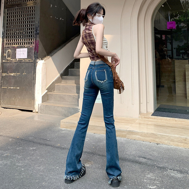 American Retro Tassel Slightly Flared Jeans Female New Patchwork Contrast Color Burr Design Sense Horseshoe Mop Pants Tide