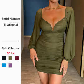 2025欧美气质性感V领网纱连衣裙法式高腰裙子长袖包臀短裙跨境