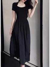 黑色连衣裙女2024夏季新款法式赫本风小黑裙方领收腰显瘦气质长裙