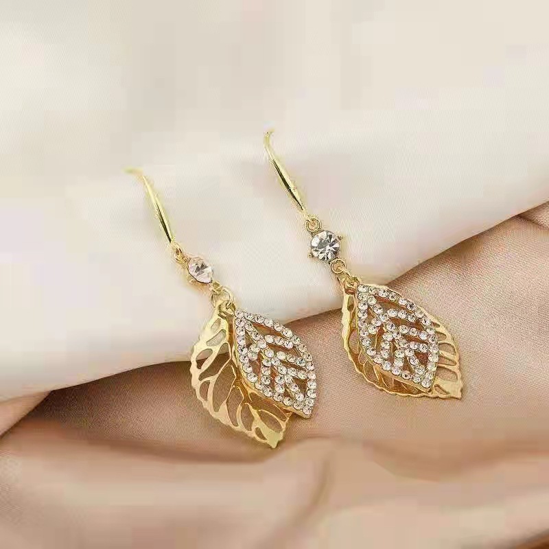 Leaf Diamond All-Match Ear Hook Sterling Silver Needle Personalized French Korean Style High-Grade All-Match Earrings