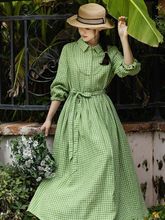 绿色连衣裙法式亚麻长袖文艺格子长裙气质衬衫裙百搭女装连衣裙