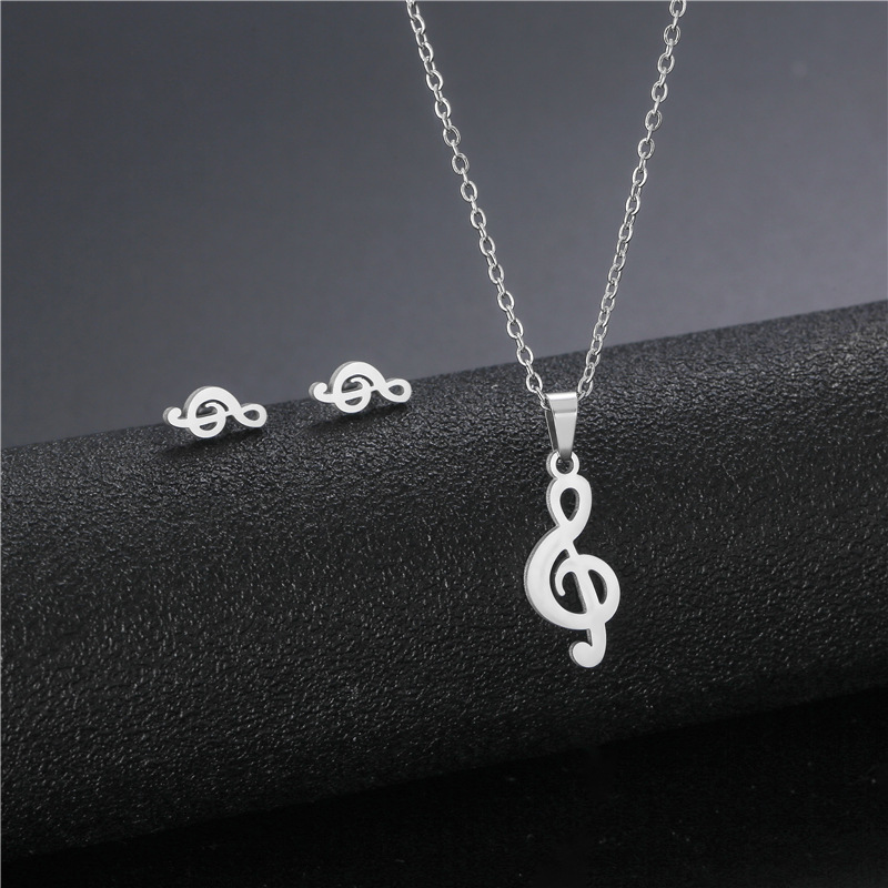 Cross-Border Creative Music Symbol Necklace and Earring Suit Foreign Trade Musical Note Pendant Titanium Steel Necklace Stainless Steel Accessories