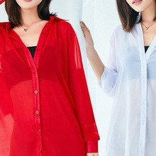透明白衬衫女士性感中长款纯欲雪纺红色透视睡衣衬衣防晒上衣