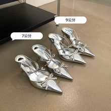 高级感银色高跟鞋水钻蝴蝶结尖头半拖鞋Women Sandals