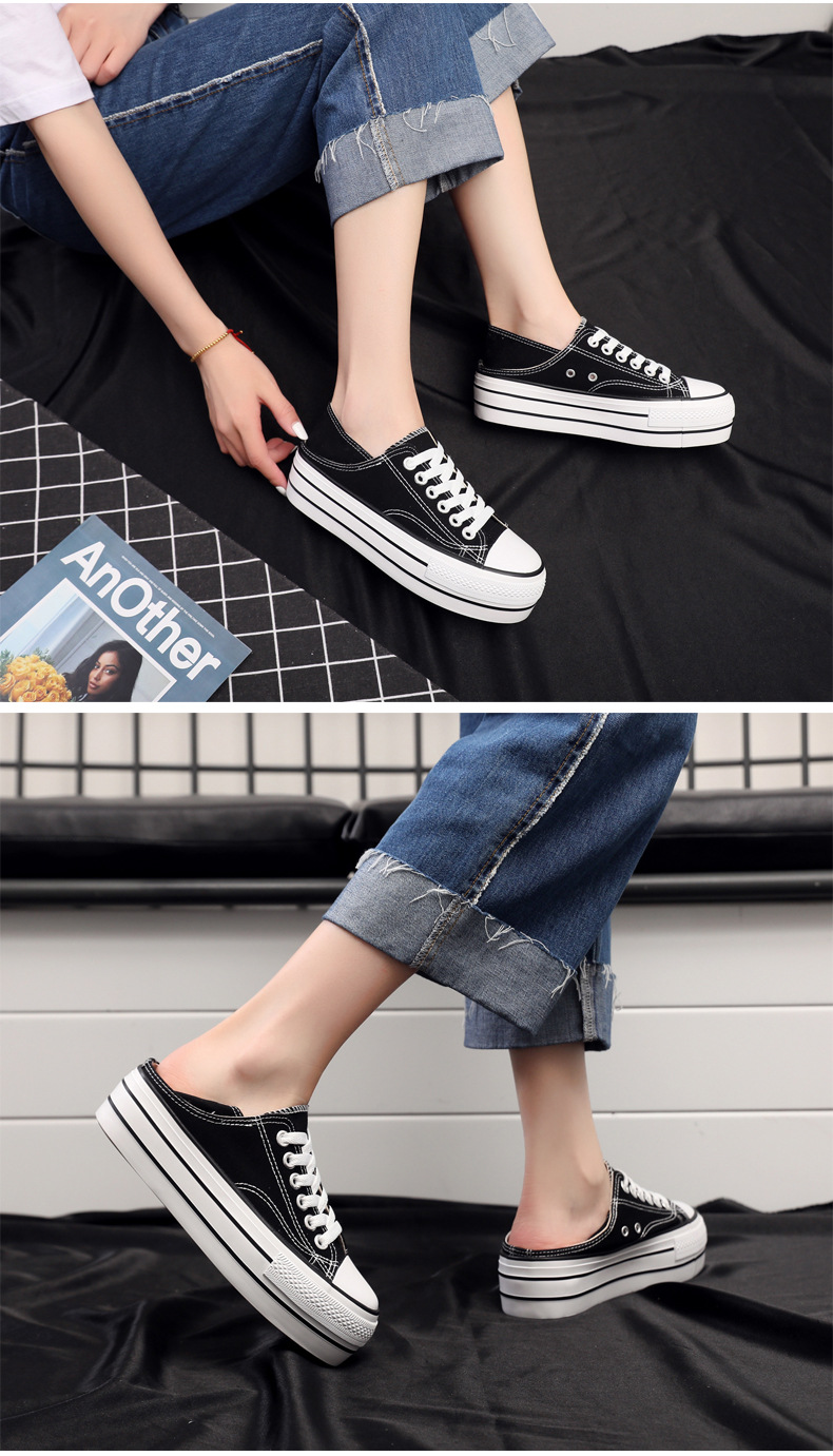 厚底帆布鞋女低帮两穿踩跟半拖增高松糕鞋加高跟一件代发小黑鞋