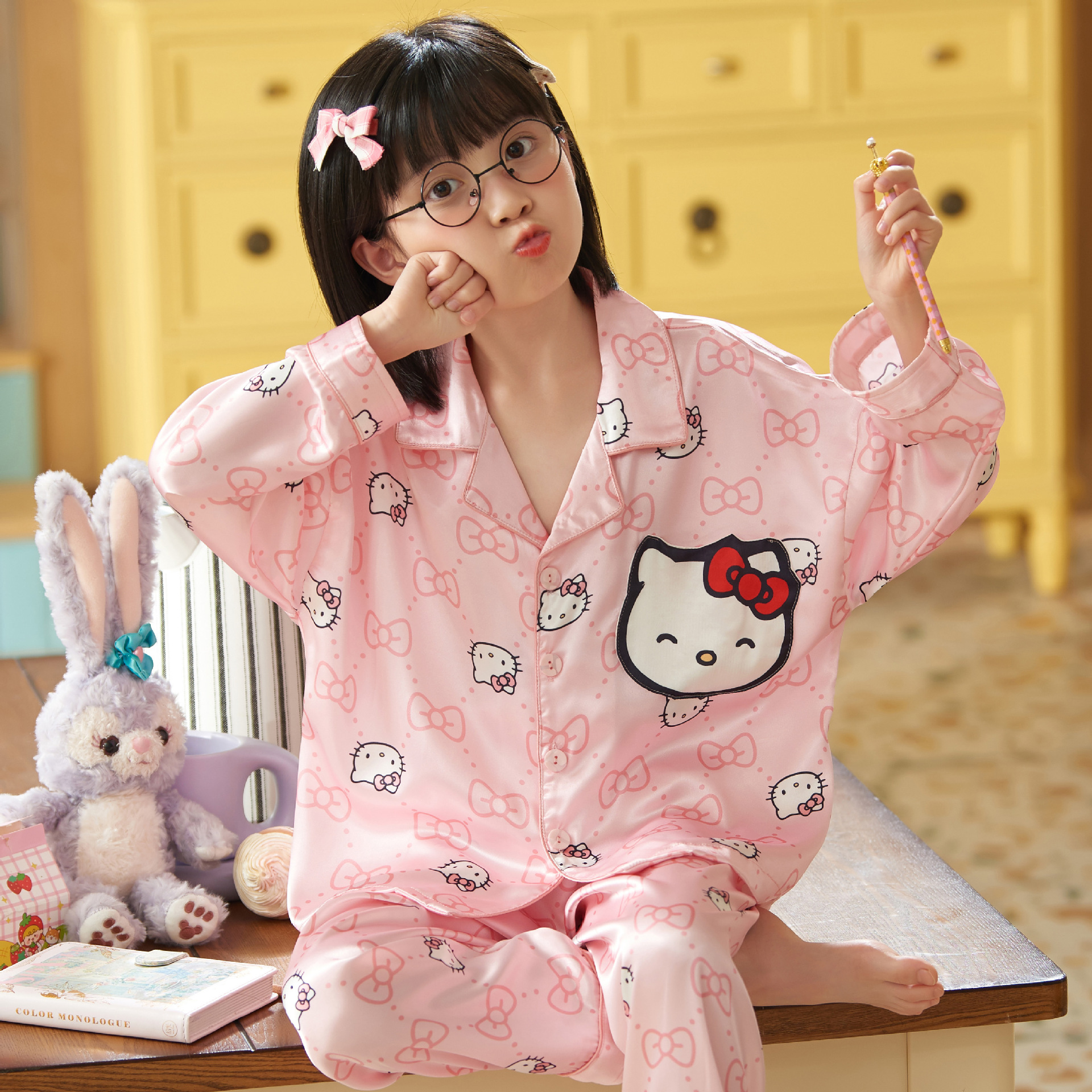 春秋翻领冰丝睡衣女童3-15岁家居服长袖儿童中大童公主小女孩套装