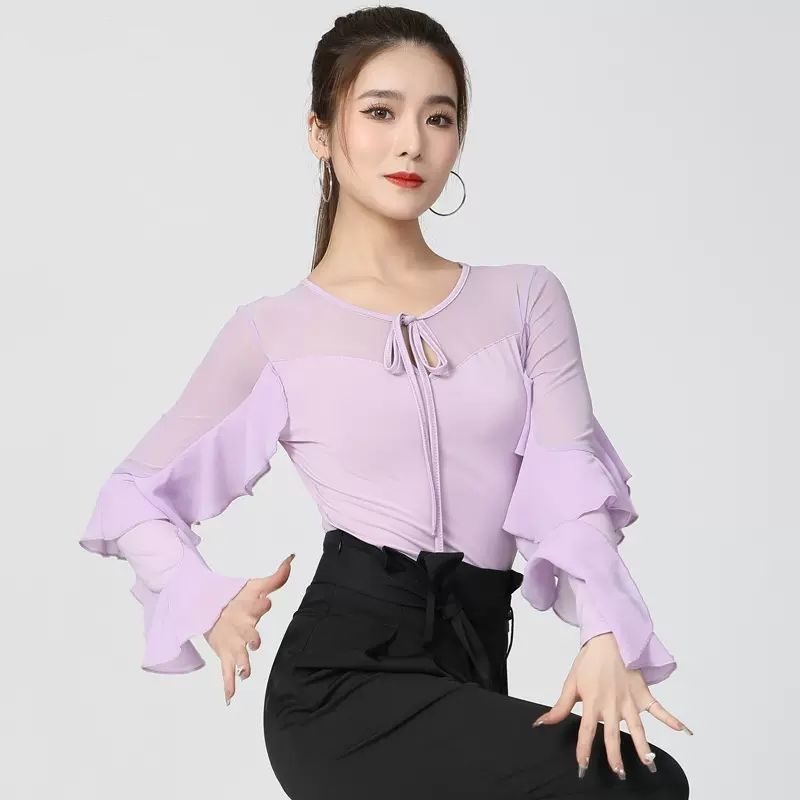摩登舞上衣女新款拉丁舞荷叶边形体国标舞演出交谊舞蹈长袖练功服