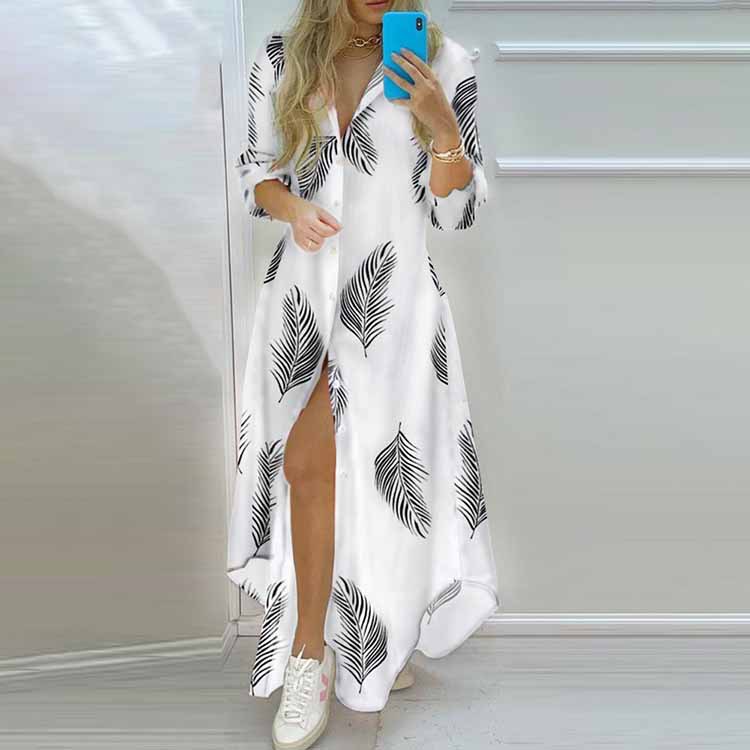 women clothes Spring 2023 Amazon Foreign Trade Wish Women's Clothing Temperament Printed Single-Breasted Split Shirt Dress Long Skirt