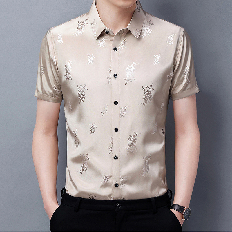Ice Silk Satin Surface Shirt Men's Short Sleeve 2023 Summer New Heavy Top Half Sleeve Rose Jacquard Shirt Fashion