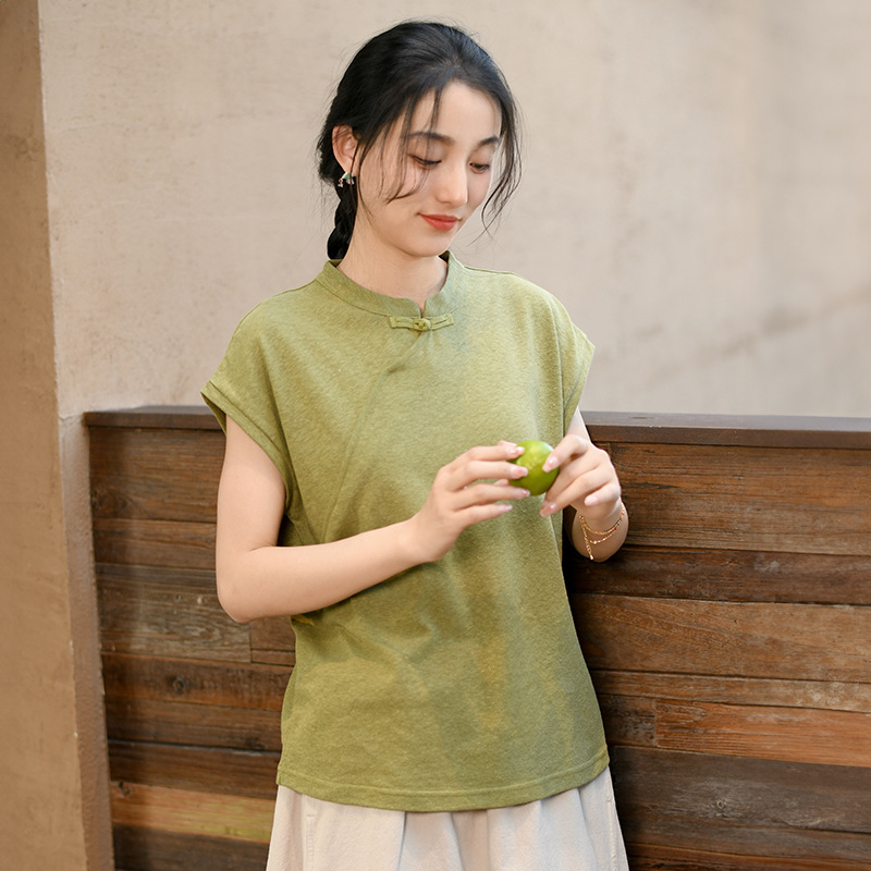 棉麻女装2024夏季新款高品质短袖t恤女新中式国风复古汉麻上衣