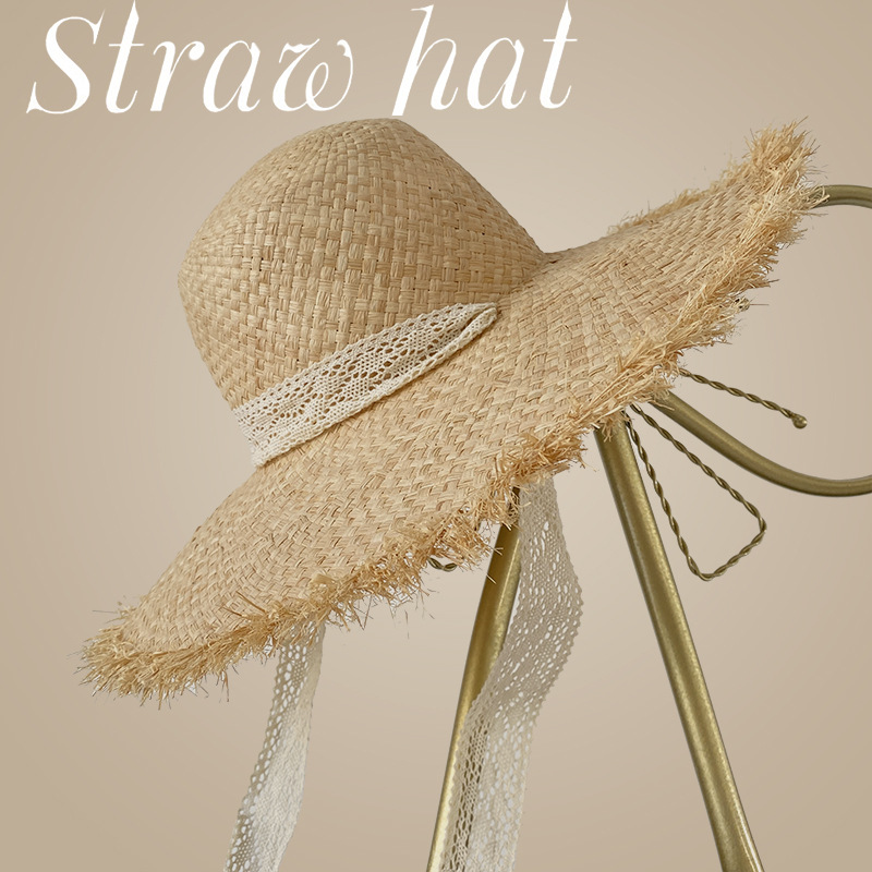 Frayed Ins Internet Celebrity Summer Hand-Woven Wide Brim Flat Brim Sun-Proof Vacation Travel Beach Straw Hat Female