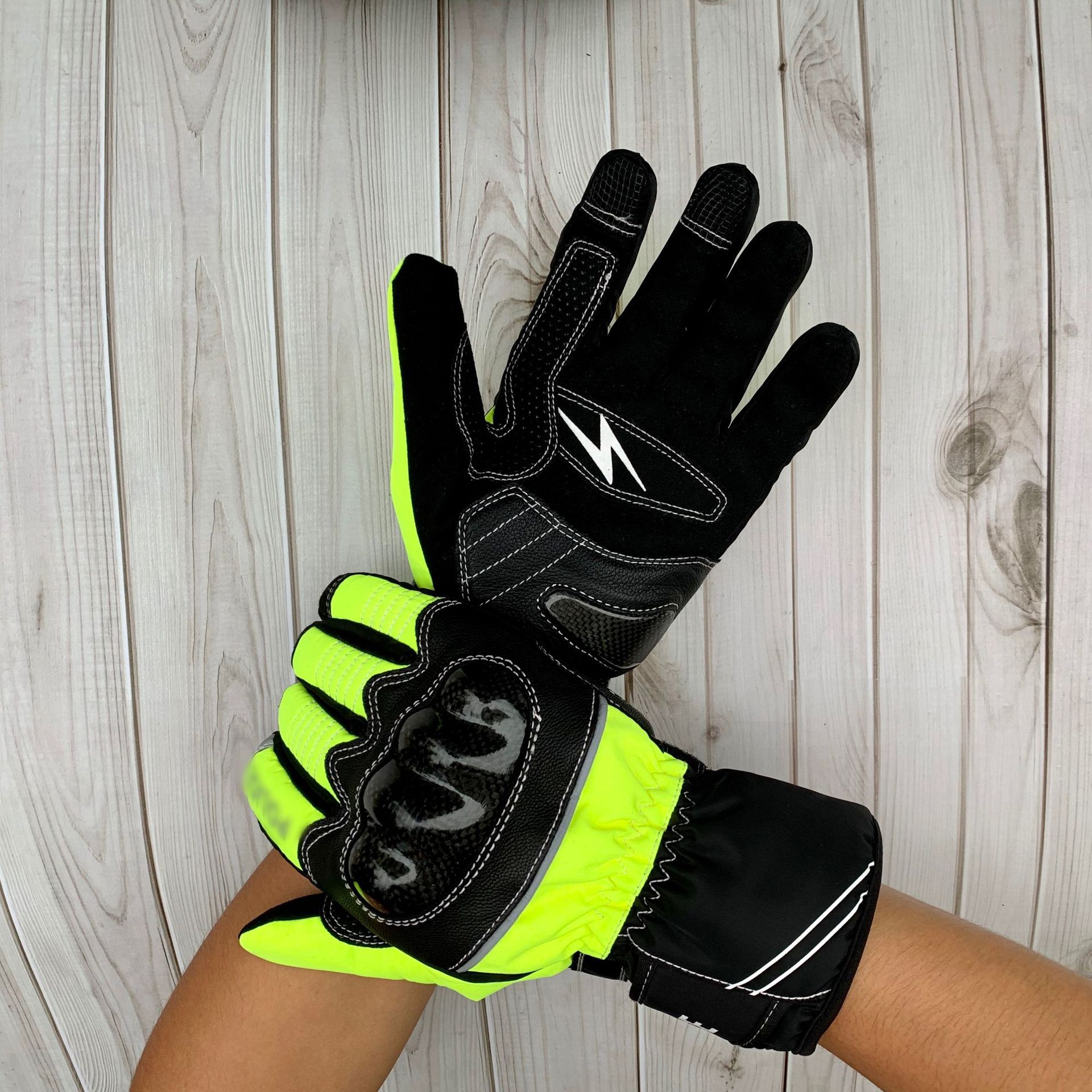 铁骑手套荧光绿反光碳纤维硬壳冬季防水战术骑机车摩托车真皮手套