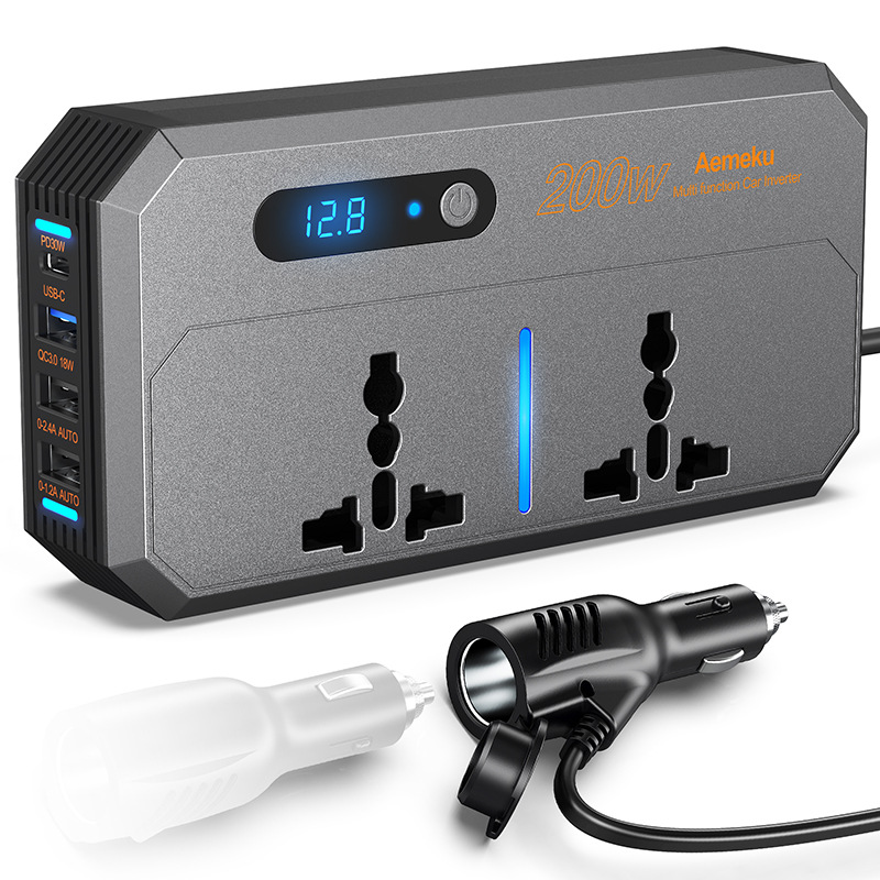 200W Universal Gauge Car Inverter 12v24v to 220V Converter PD Fast Charge Car Charger Socket