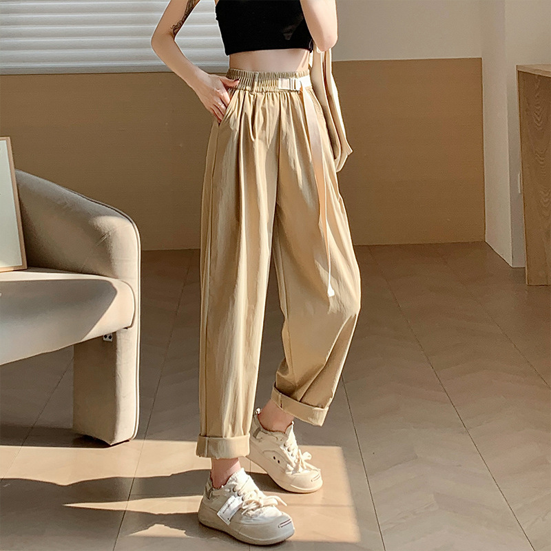 American Style Overalls Women's Spring and Summer New Commuter Straight Casual Pants Slim Loose Waistband Pants High Waist Pure Color Pants