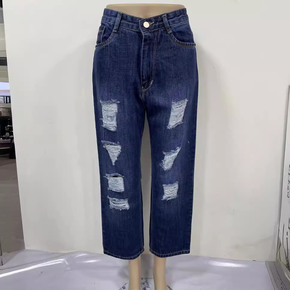 womens wide leg casual jeans女士阔腿休闲破洞牛仔裤外贸批发