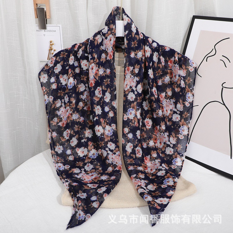 Voile Cotton and Linen Floral Square Scarf Women's Fashion Printed Thin Scarf Work Sun Protection Dust-Proof Closed Head Scarf Wholesale