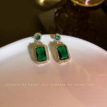 银针祖母绿锆石水晶几何耳环韩国个性时尚耳钉女小众设计复古耳饰