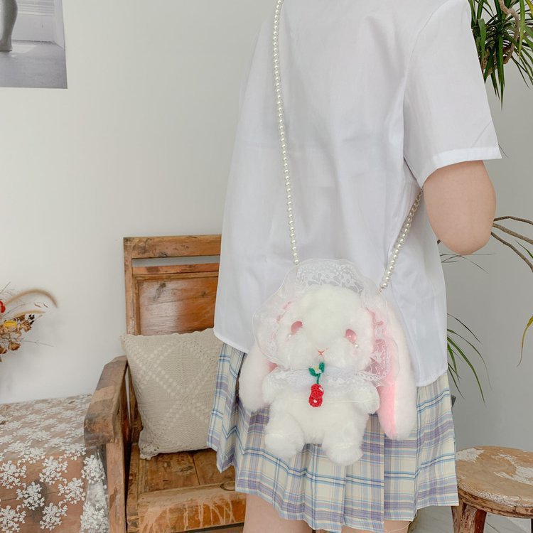 Cute Little White Rabbit Plush Bag Women 2021 Winter New Maiden Pearl Chain Bag Cartoon Shoulder Messenger Bag