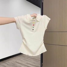 甜美杏色POLO衫短袖T恤女夏彩色纽扣收腰上衣小个子修身绝美打底