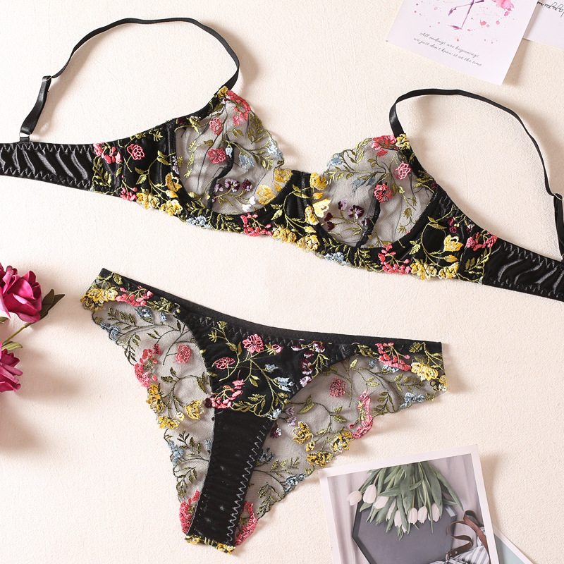 European and American Underwear Summer Beautiful Idyllic Small Floral Color Matching Bra Briefs with Steel Ring Sexy Sexy Suit Women
