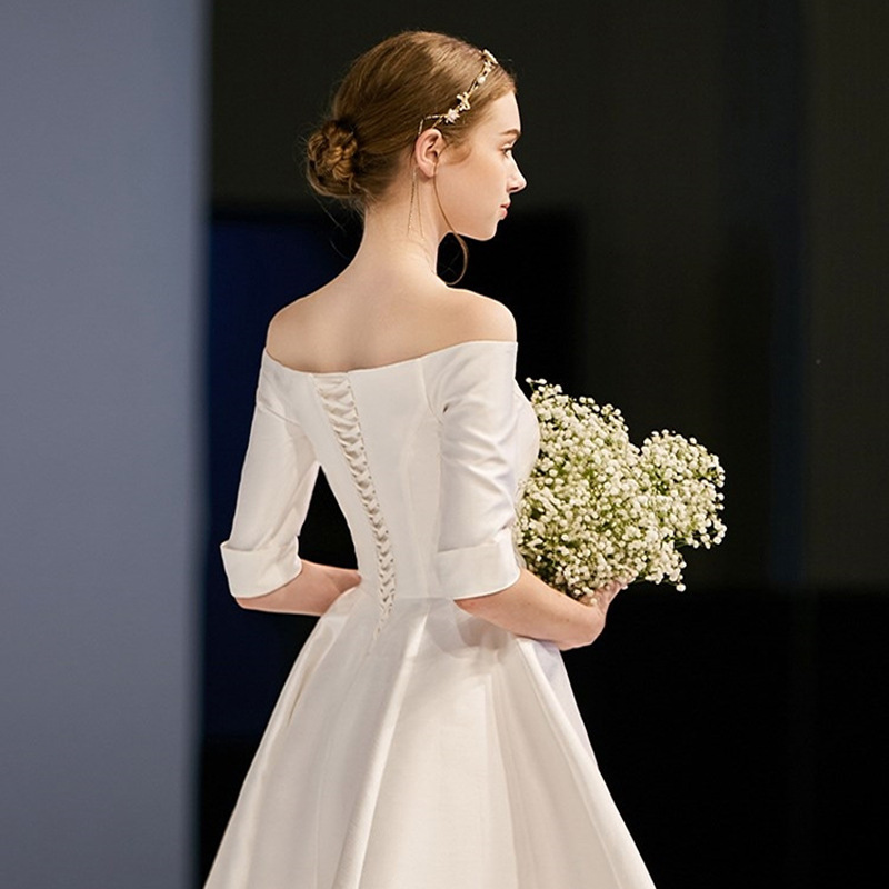 宴会一字肩晚礼服女洋装小礼服裙女2022新款缎面名媛主持人连衣裙