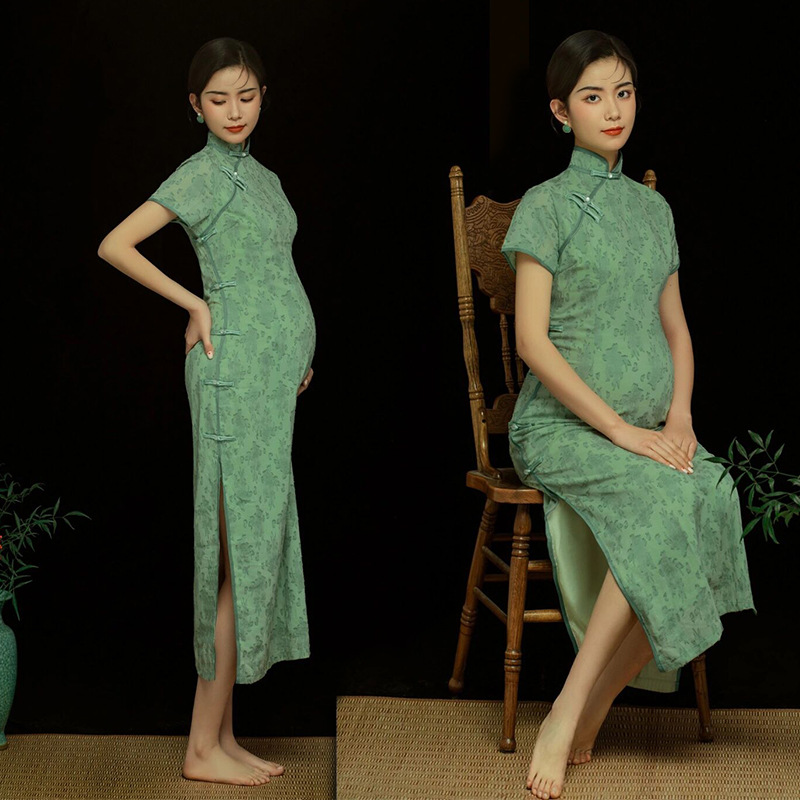 影楼孕妇照服装新款复古改良版气质高级感中式盘扣旗袍孕妈照摄影