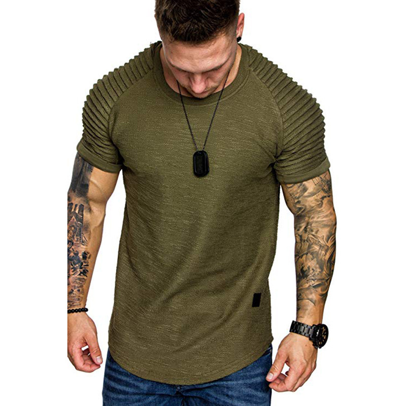 Cross-Border Autumn Crew Neck Slim Fit Pleated Casual Short Sleeve Youth Fashion Bottoming Shirt Men's Sports Raglan Sleeve