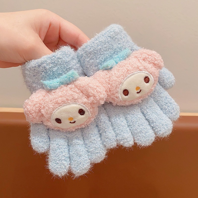 Children's Gloves Autumn and Winter Warm Half Finger Flip Cartoon Cute Knitted Open Finger Baby Fleece-Lined Thickened Boys and Girls