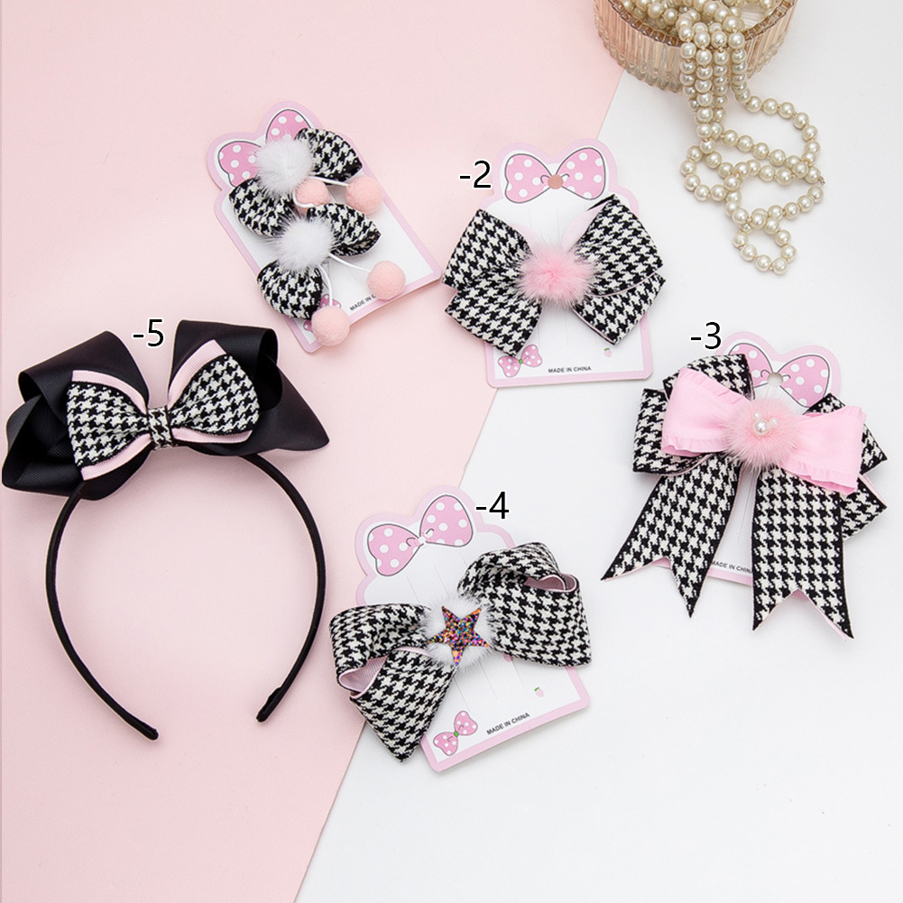 Korean Style Houndstooth Bowknot Children Barrettes Double Layer Fabric Girls' Hair Band Baby Plaid Headband Vintage Hair Accessories