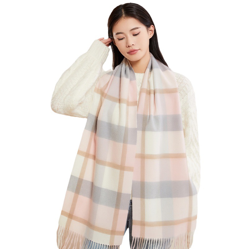 2023 New Pure Wool Scarf Women's Autumn and Winter Warm Scarf Thick Fashion Versatile Korean Style Fresh Plaid Scarf