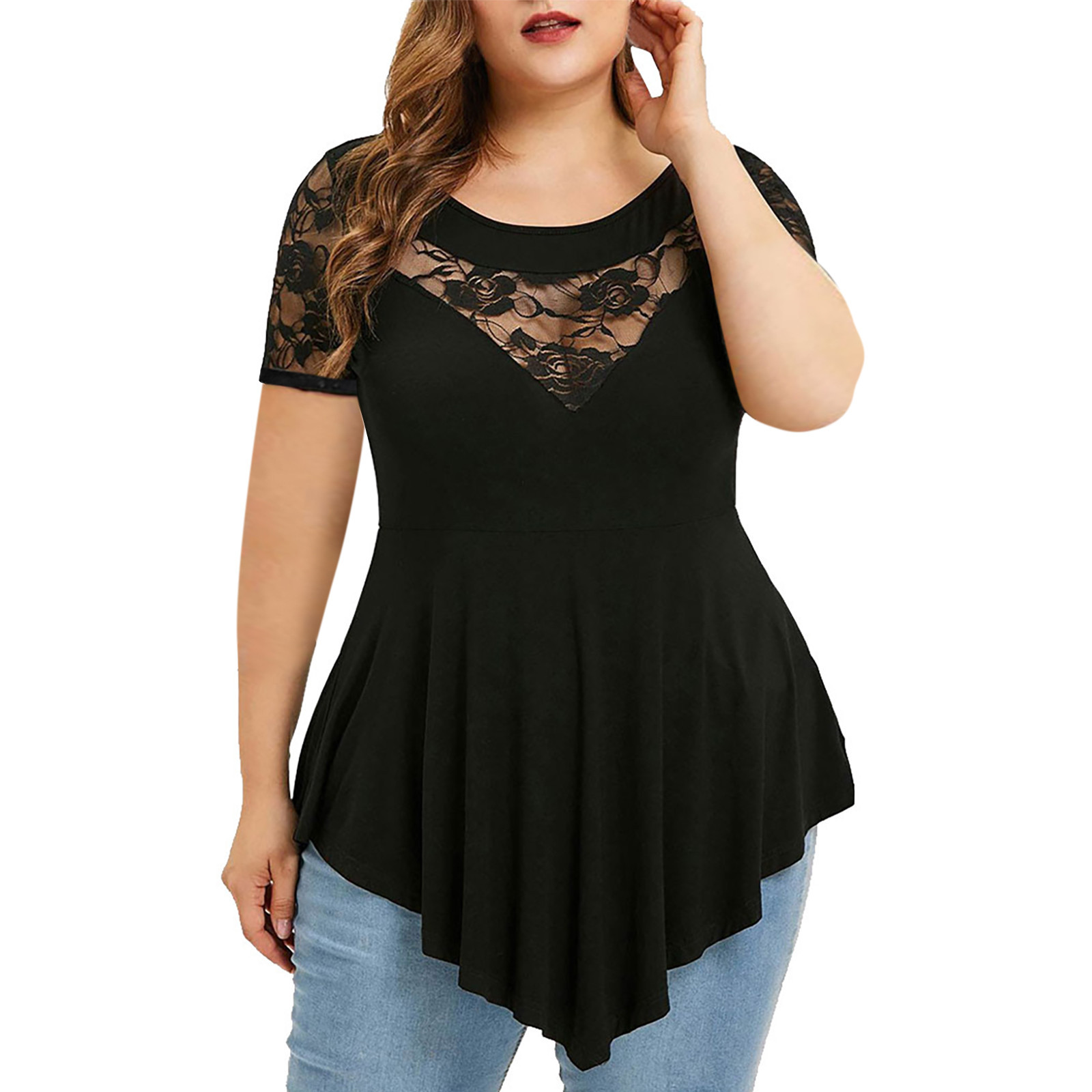 Cross-Border Foreign Trade New Women's Clothing plus Size Flower Lace Short Sleeve Irregular Hem See-through round Neck Women's Top Women Clothes