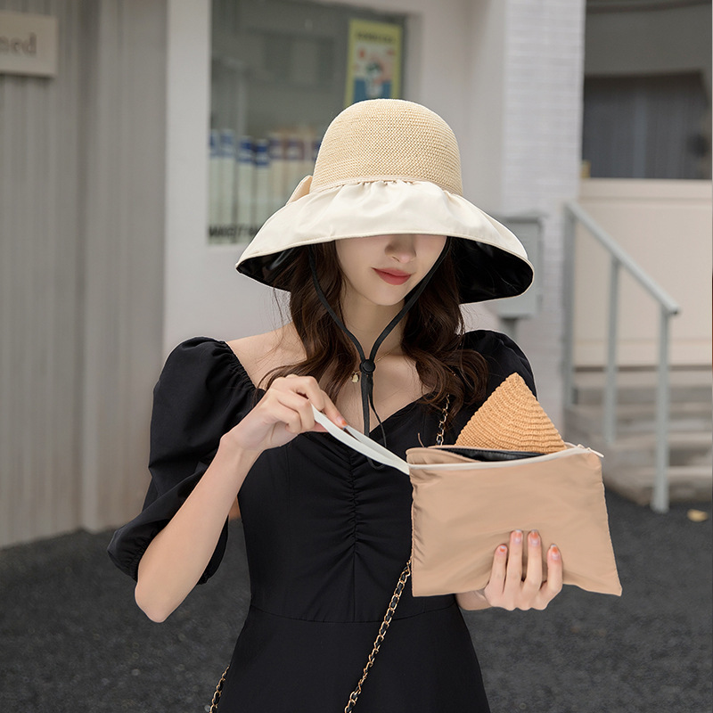 Hat Female Summer Big Brim Black Glue Bucket Hat Bow Sun Hat Cover Face Buggy Bag Sun Protection Hat Sun Hat