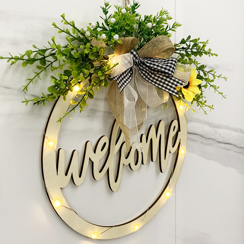 Amazon Wooden Garland Welcome Door Plate Door Hanging Wreath Home Decoration Pendant LED Light Hollow out Wooden Board