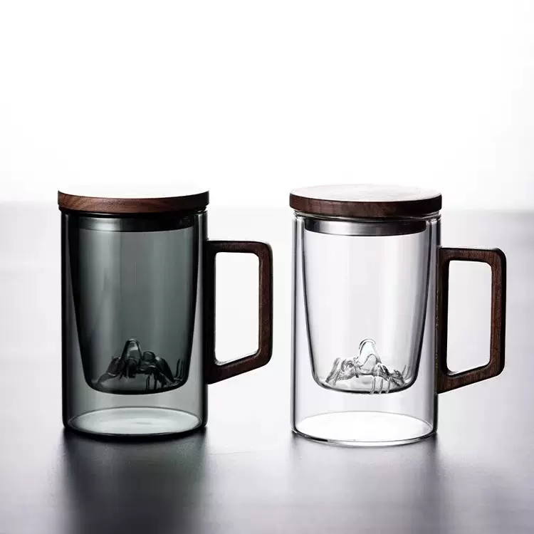 创意木把高硼硅玻璃观山过滤三件杯 办公室男女士茶水分离泡茶杯