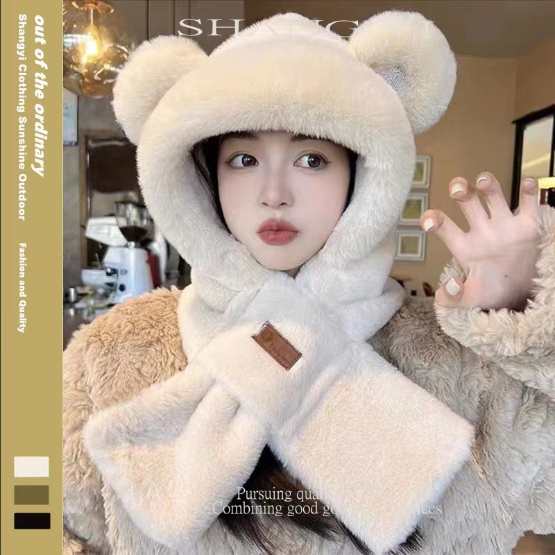 Hat Scarf Gloves Women's Autumn and Winter Rabbit Ears Bear Three-Piece Cute Plush Scarf Ushanka