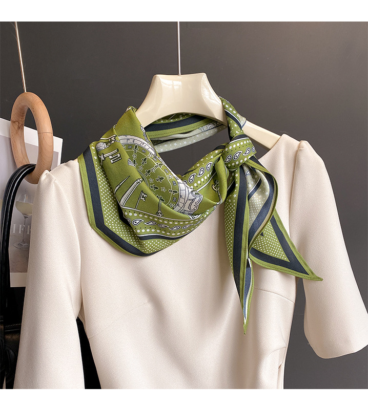 Spring Lightweight Artificial Silk Diamond Neckerchief Elegant Green Small Scarf Shirt Scarf Women's Neck Protection Fashion Commuter